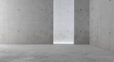 Soyut boş, modern beton duvar odası. Açık ve pürüzlü arka duvarı var. Endüstriyel iç mekan ya da galeri arka plan şablonu, 3 boyutlu resimleme.
