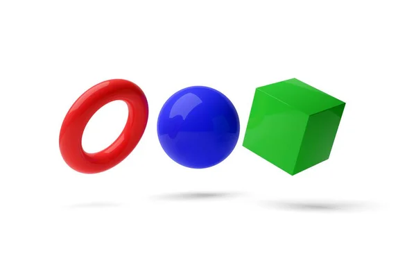 Primitivas Geométricas Rojas Azules Verdes Esfera Cubo Toro Sobre Fondo —  Fotos de Stock