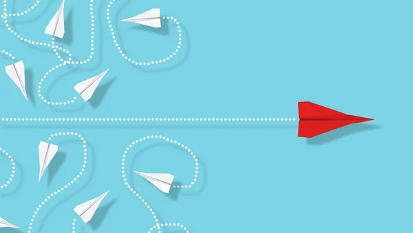 青い背景の混沌とした飛行白い紙飛行機のグループから赤い紙飛行機が現れ リーダーシップ 新しいアイデア 革新または創造性のためのビジネスコンセプト — ストック写真