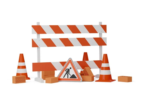 带有街道或道路建筑标志 路障和白色背景石砖的橙色交通警告锥或尖塔 正在建设 维护或注意概念 3D插图 — 图库照片
