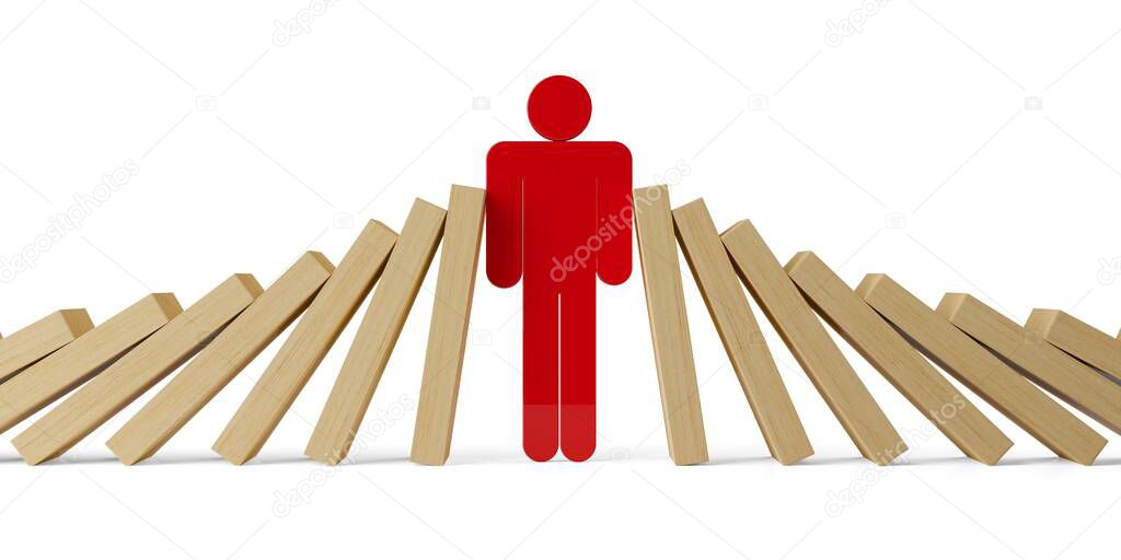 Row of falling wooden domino stones from both sides stopped by red figure over white background, risk management, intervene or mediation concept, 3D illustration