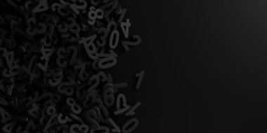 Siyah tek renkli rastgele basamaklı sayılar siyah arkaplan, cebir, eğitim veya bilim konsepti, 3D illüstrasyon, kopyalama alanı, yukarıdan düz üst görünüm