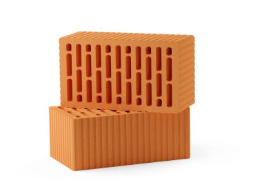 Beyaz zemin üzerinde iki kırmızı tuğla yığını, mimari, inşaat veya duvarcılık konsepti, 3D illüstrasyon