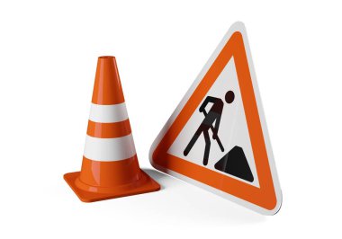Tek turuncu trafik uyarı konisi ya da beyaz zemin üzerinde sokak ya da yol yapım işareti olan pilon - yapım, bakım ya da dikkat konsepti altında, 3D illüstrasyon