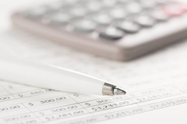 Finansal analiz tablosu üzerinde kalem bulunan cep hesap makinesi - vergi, finans veya muhasebe kavramı, seçici odaklanma