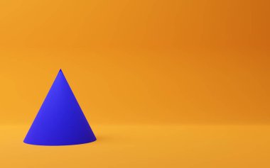 Turuncu arkaplanda mavi koni ilkel geometri kopya alanı, modern minimal konsept, 3 boyutlu illüstrasyon