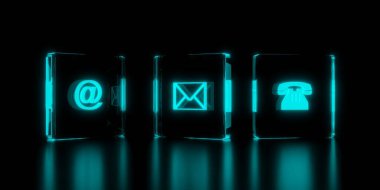 Telefon, zarf mektup ve e-posta sembolleri siyah arkaplanda cam bloklarda parlıyor, bizimle ya da iletişim konseptiyle iletişime geçin, 3D illüstrasyon