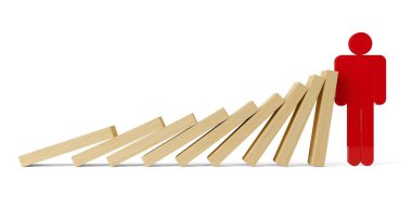 Düşen tahta domino taşları beyaz arka plan, risk yönetimi, müdahale veya önleme konsepti, 3D illüstrasyon üzerinde kırmızı figür tarafından durduruldu