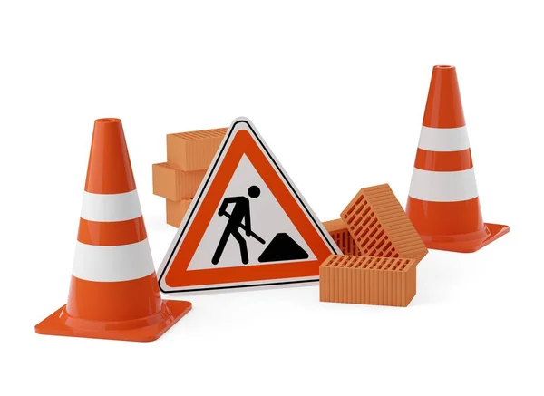 带有街道或道路建筑标志的橙色交通警告锥或尖塔和白色背景的石砖 正在建设 维护或注意概念下 3D插图 — 图库照片