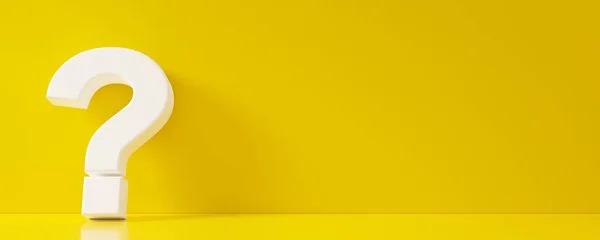 Gele Vraagteken Symbool Leunend Tegen Gele Wand Vloer Kamer Met — Stockfoto