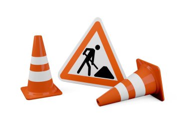 İki turuncu trafik uyarı konisi ya da beyaz zemin üzerinde sokak ya da yol yapım işareti olan sütunlar - yapım, bakım ya da dikkat konsepti altında, 3D illüstrasyon