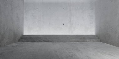 Soyut, boş, modern beton oda. Arka duvarı, merdivenleri ve kaba zemini dolaylı aydınlatma. Endüstriyel iç mekan şablonu, 3 boyutlu illüstrasyon.