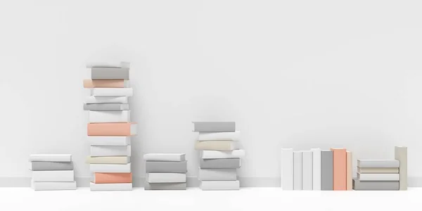 Multiple book stacks in front of white wall in room with white floor, literature, book collection or bookshop concept, 3D illustration