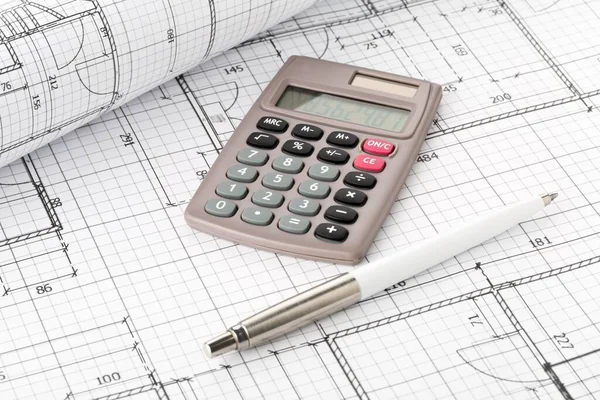 Calculatrice Avec Stylo Sur Plan Construction Maison Architecturale Fond Immobilier — Photo