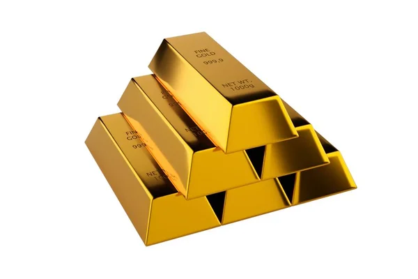 Glänsande Guld Göt Eller Tackor Pyramid Över Vit Bakgrund Ädelmetall — Stockfoto