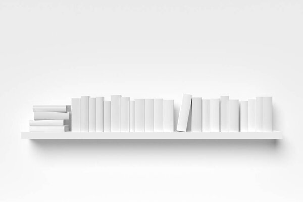 Single book shelf with white books on white wall, literature, book collection or bookshop concept, 3D illustration