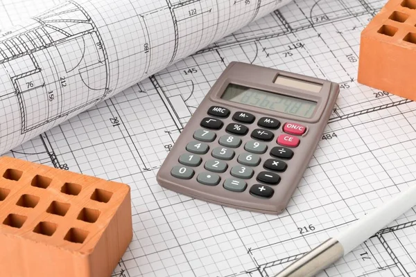 Calculator Pen Bricks Architectural House Building Blueprint Plan Background Real — Stock Photo, Image