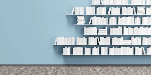 Múltiples Estantes Libros Con Libros Blancos Pared Azul Habitación Con — Foto de Stock