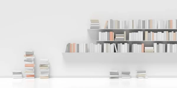 Multiple Book Shelves Books Stacked Books White Wall Room White — Stock Photo, Image