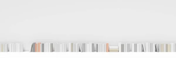 Fila Vários Livros Frente Parede Branca Sala Com Piso Branco — Fotografia de Stock