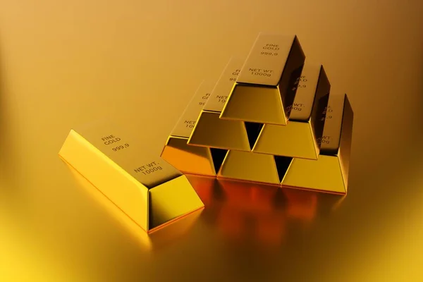 Shiny gold ingots or bars pyramid with single gold bar in front over gold background - precious metal or money investment concept, 3D illustration