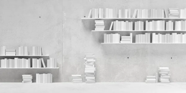 Multiple book shelves with white books on concrete wall in room with concrete floor, literature, book collection or bookshop concept, 3D illustration