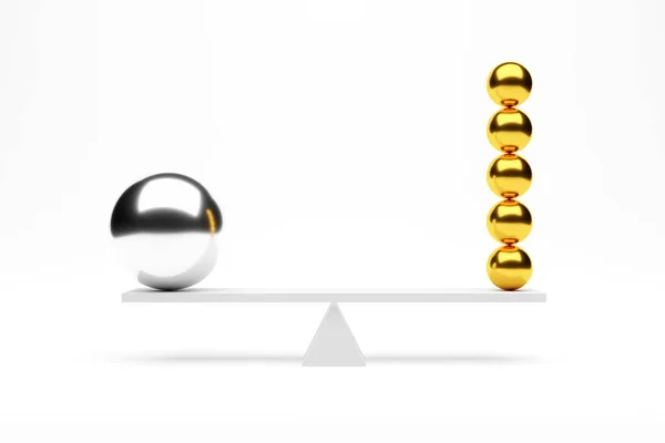 Many Smaller Golden Single Silver Chrome Spheres Equilibrium Seesaw White — Stock Photo, Image