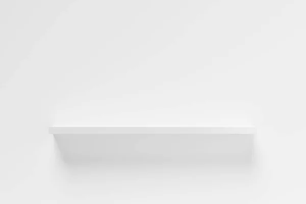 Single, empty white shelf board on white wall, object or product presentation template, 3D illustration