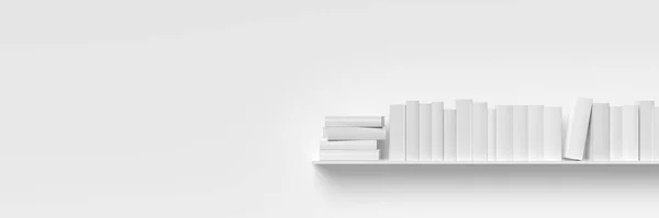 书架上有关于白墙 藏书或书店概念 3D插图的白色书籍 — 图库照片