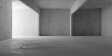 Soyut boş, modern beton oda, yan duvardan gelen dolaylı aydınlatma, tavan kirişleri ve kaba zemin - endüstriyel iç mekan şablonu, 3 boyutlu illüstrasyon