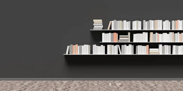 Múltiples Estantes Libros Con Libros Pared Negra Oscura Habitación Con — Foto de Stock