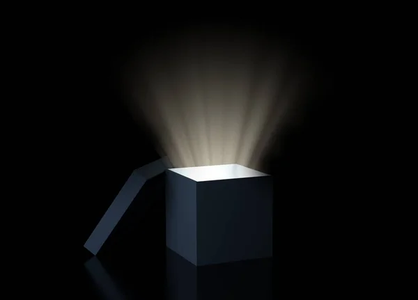 Caixa Mágica Com Luz Brilhante Sobre Fundo Preto Exploração Ideia — Fotografia de Stock