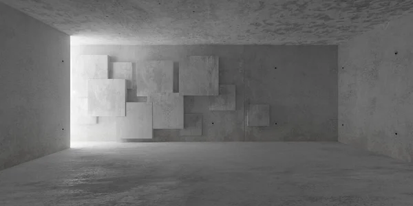 抽象的な空 側壁と不規則な正方形のパターンのバックウォールからの間接照明と現代のコンクリートの部屋 産業インテリア背景テンプレート 3Dイラスト — ストック写真