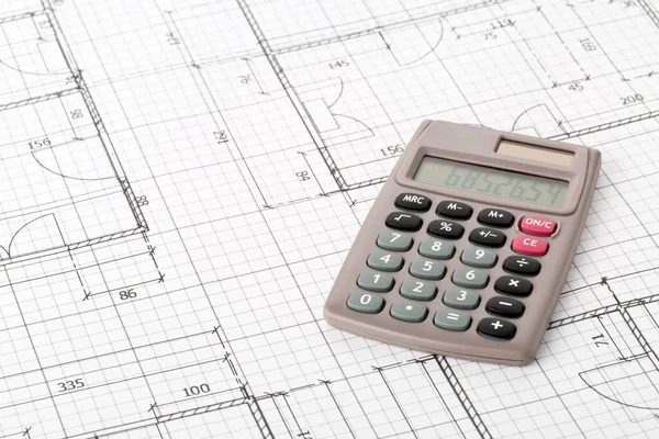 Calculator Architectonische Huis Bouwblauwdruk Achtergrond Vastgoed Huis Bouwkosten Concept — Stockfoto