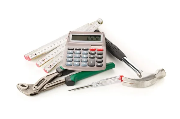 Hammer Gaspipe Pliers Screwdriver Calculator White Background Home Renovation Craftsman — Stock Photo, Image