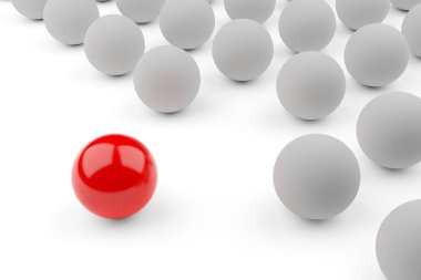 Beyaz küreler, liderlik, öne çıkan ya da beyaz arka plan üzerinde cesaret kavramı, üç boyutlu illüstrasyon, tek kırmızı top.