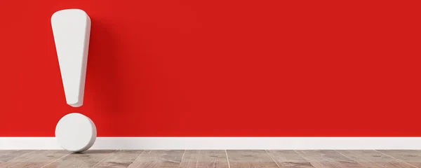White exclamation mark or point symbol leaning against red wall on wooden floor room with copy space, solution, alert or info concept, 3D illustration
