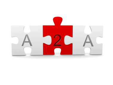 A2A ile üç yapboz parçası, yönetimden yönetime, beyaz arkaplan üzerine metin - iş ağı konsepti, 3D illüstrasyon