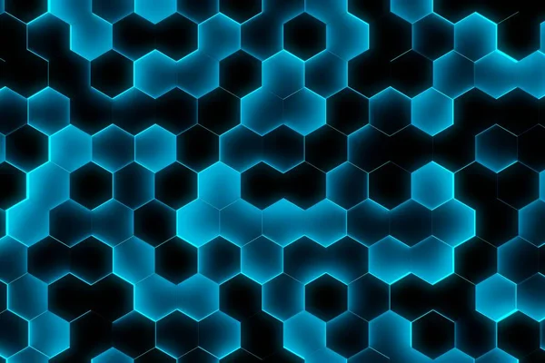 随机移位的黑色蜂窝六边形几何图案背景与蓝色光芒 最小的未来技术背景模板 平面顶部视图 3D插图 — 图库照片