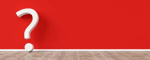 コピースペース Faqまたはブレインストーミングコンセプト 3Dイラスト付きの木製の床の部屋の赤い壁にもたれて白いクエスチョンマークシンボル — ストック写真