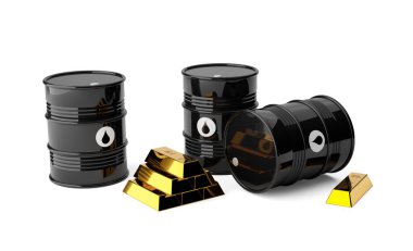 Beyaz zemin üzerinde siyah yağ varilleri ve altın külçeleri, üç boyutlu illüstrasyon