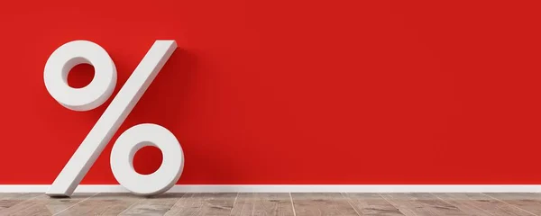 White Percent Sign Leaning Red Wall Room Wooden Floor Copy — Stock Photo, Image