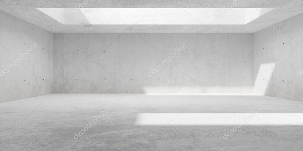 Abstract empty, modern, wide concrete walls hallway room with multiple indirekt ceiling light openings - industrial interior background template, 3D illustration