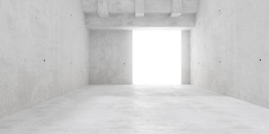 Soyut boş, modern beton oda açık tavan, parlak pencere ve kaba zemin - endüstriyel iç plan şablonu, 3 boyutlu illüstrasyon