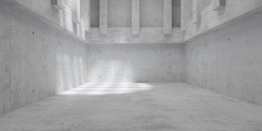 Soyut, boş, modern beton oda sıralı kirişler ve şebeke gölgesi ve kaba zemin destekleyici sütunlar - endüstriyel iç mekan şablonu, 3 boyutlu illüstrasyon