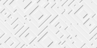 Büyük beyaz köşegen düzenlenmiş kare ve dikdörtgen labirent yapısı geometri arkaplan duvar kağıdı afişi, düz konum, 3D illüstrasyon