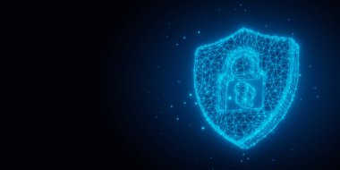 Fotokopi alanı, iş güvenliği, koruma veya dijital güvenlik şablonu konsepti, 3D illüstrasyon ile siyah zemin üzerinde kesme asma kilidi sembollü mavi parlayan kablo koruma kalkanı