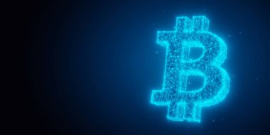 Fotokopi alanı, kripto para birimi konsepti, 3D illüstrasyon ile siyah zemin üzerinde mavi parlayan düşük polimerli bitcoin sembolü