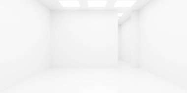 Boş beyaz oda ya da müze arka planı tavanda kare ışıklar, modern iç şablon, 3 boyutlu illüstrasyon