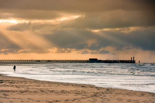 Caminhe na praia para o cais do palácio em Blankberg — Fotografia de Stock